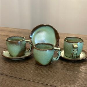 Vintage Frankoma plainsman prairie green cup saucer three sets EUC Made in USA A